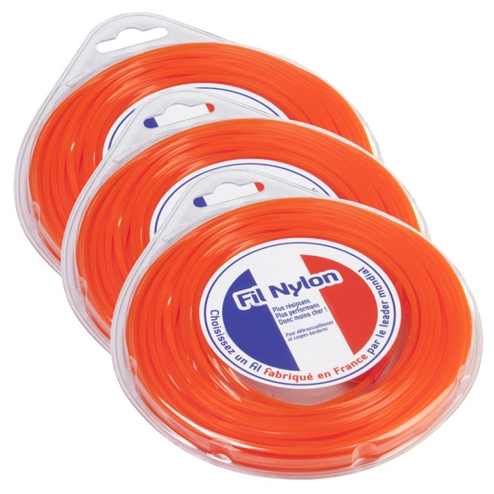 Fil nylon 3 mm x 12 m. Carré. Orange. Blister. Par 3. Fil débroussailleuse
