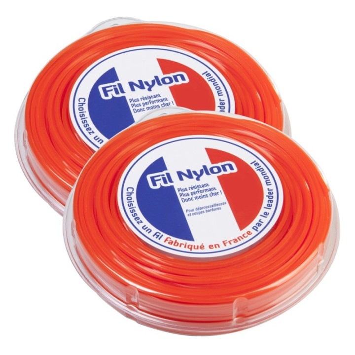 Fil nylon 3 mm x 44 m. Carré. Orange. Blister. Par 2. Fil débroussailleuse