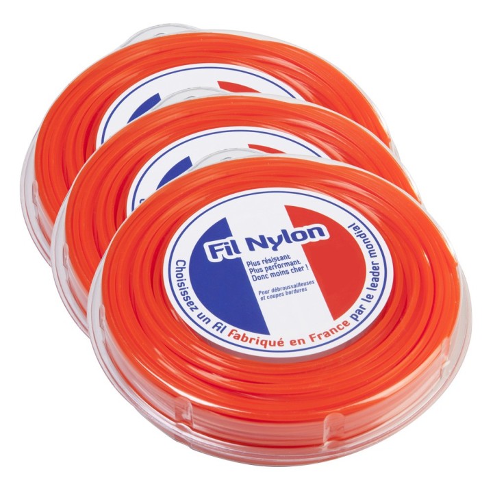 Fil nylon 3 mm x 44 m. Carré. Orange. Blister. Par 3. Fil débroussailleuse
