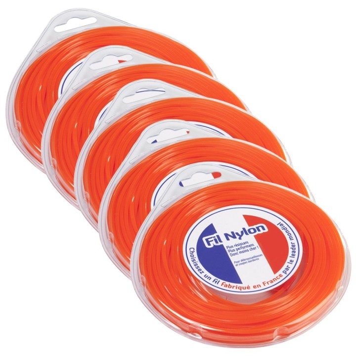 Fil nylon 4 mm x 9 m. Carré. Orange. Blister. Par 5. Fil débroussailleuse