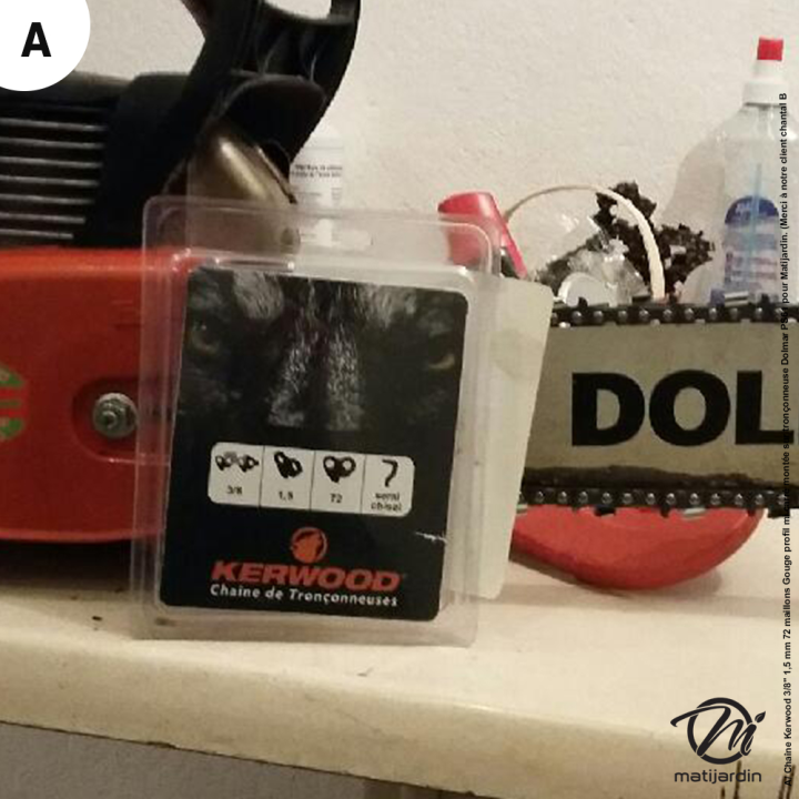 Chaîne Kerwood pour tronçonneuse 3/8" 1,5 mm. 72 maillons. Gouge demi carrée