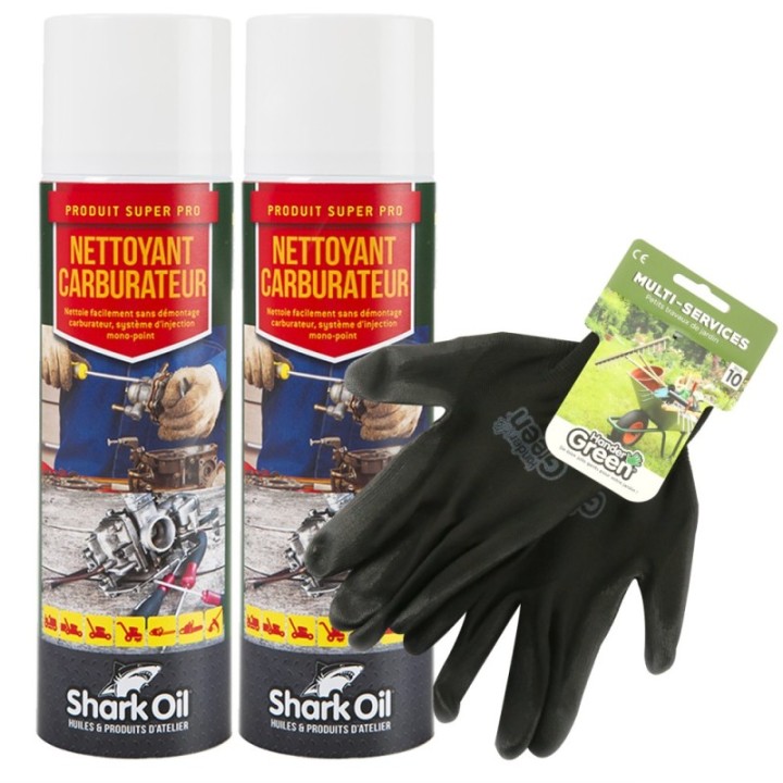 Nettoyant carburateur 500 ml Shark Oil par 2 + gants multi-services