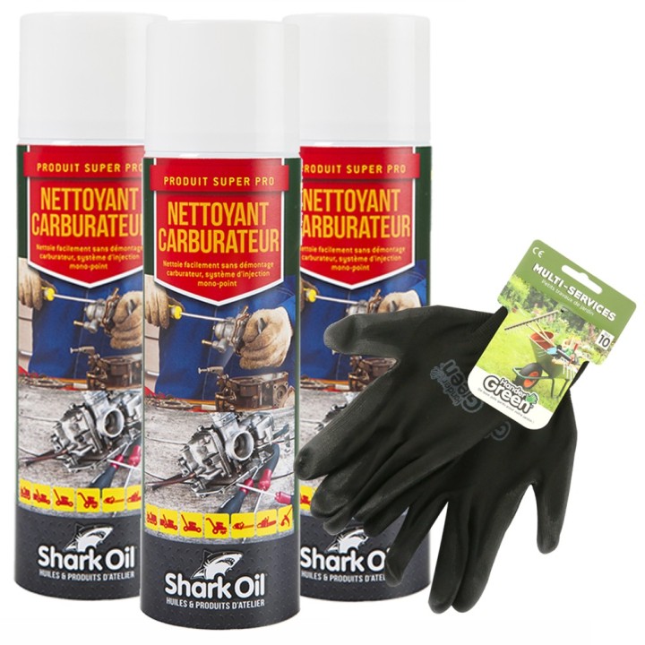 Nettoyant carburateur 500 ml Shark Oil par 3 + gants multi-services