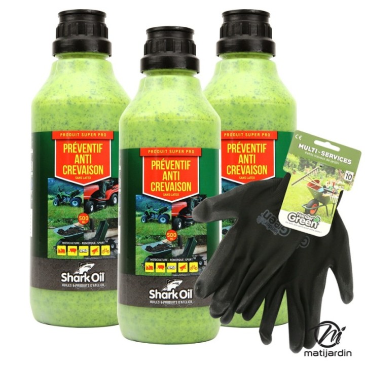 Préventif anti-crevaison Shark Oil OKO 500 ml par 3 + gants multi-services
