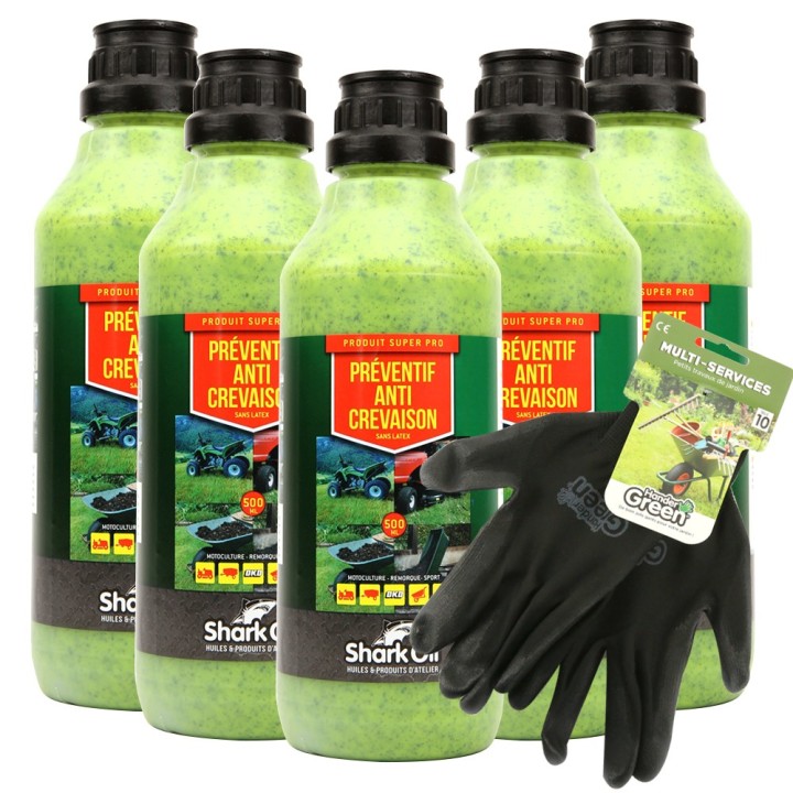 Préventif anti-crevaison Shark Oil OKO 500 ml par 5 + gants multi-services