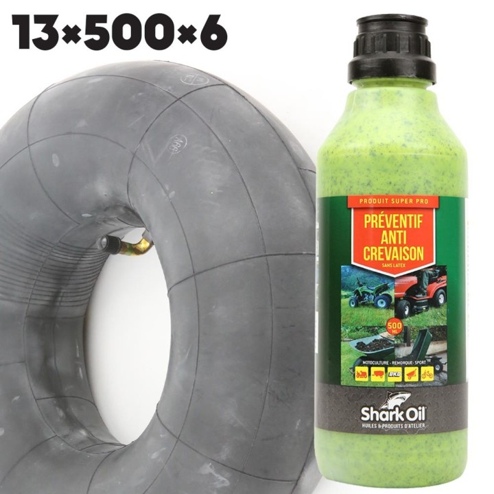 Chambre à air 13 x 500 x 6 coudée + Anticrevaison SharkOil OKO 500 ml