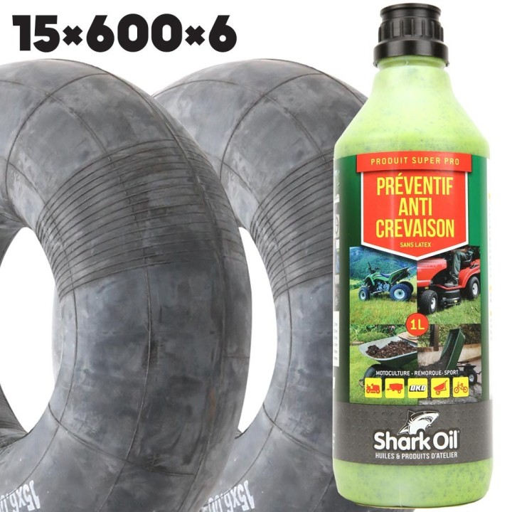 Chambre à air 15 x 600 x 6 droite par 2 + Anticrevaison SharkOil OKO 1L