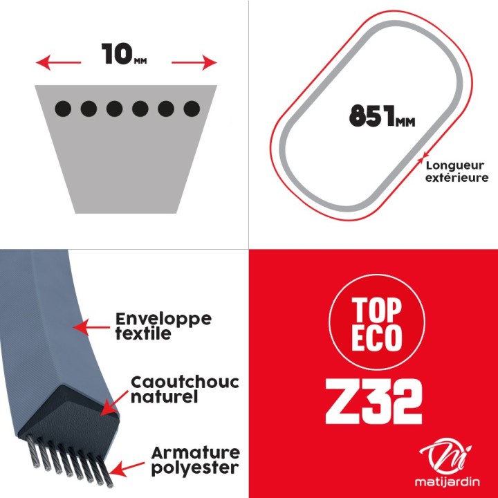 Courroie tondeuse Z32 prix éco, 10 mm x 851 mm, trapézoïdale
