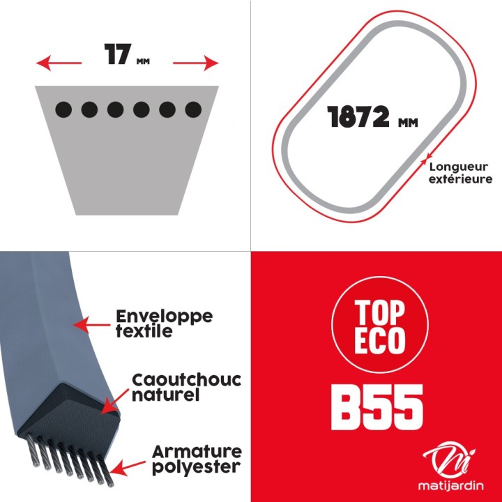 Courroie tondeuse B55 prix éco, Trapézoïdale, 17 mm x 1872 mm