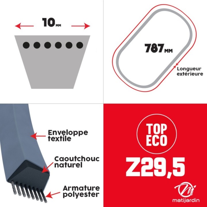 Courroie tondeuse Z29,5 Trapézoïdale prix éco, 10 mm x 787 mm