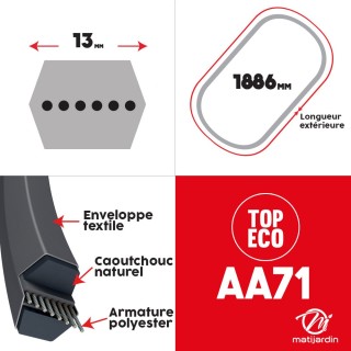 Courroie tondeuse AA71 prix éco, Héxagonale - 13 mm x 1886 mm