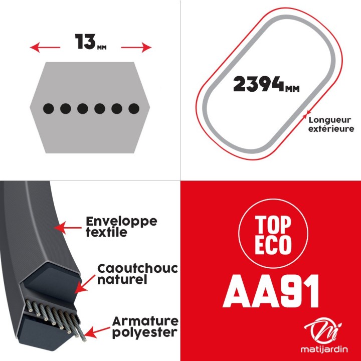 Courroie tondeuse AA91 prix éco Héxagonale - 13 mm x 2394 mm