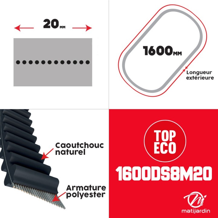 Courroie tondeuse Double Denture 1600DS8M20 prix éco- 20 mm x 1600 mm