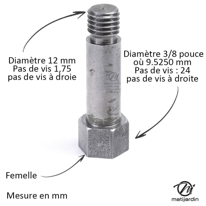 Adaptateur pour tête débroussailleuse. Femelle. Ø 3/8x24. Pas à droite