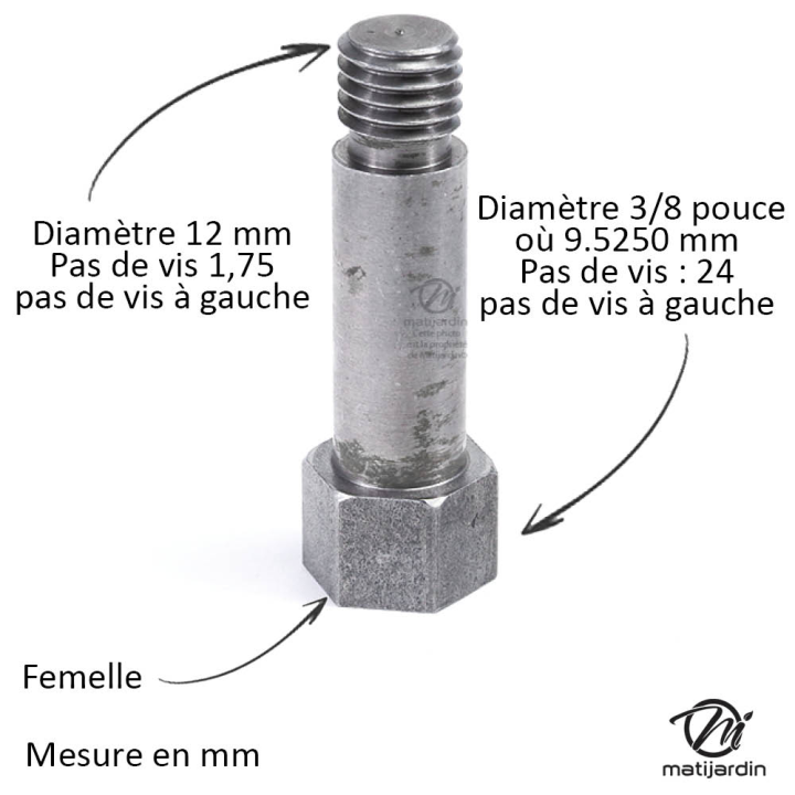 Adaptateur pour tête débroussailleuse. Femelle. Ø 3/8x24. Pas à gauche