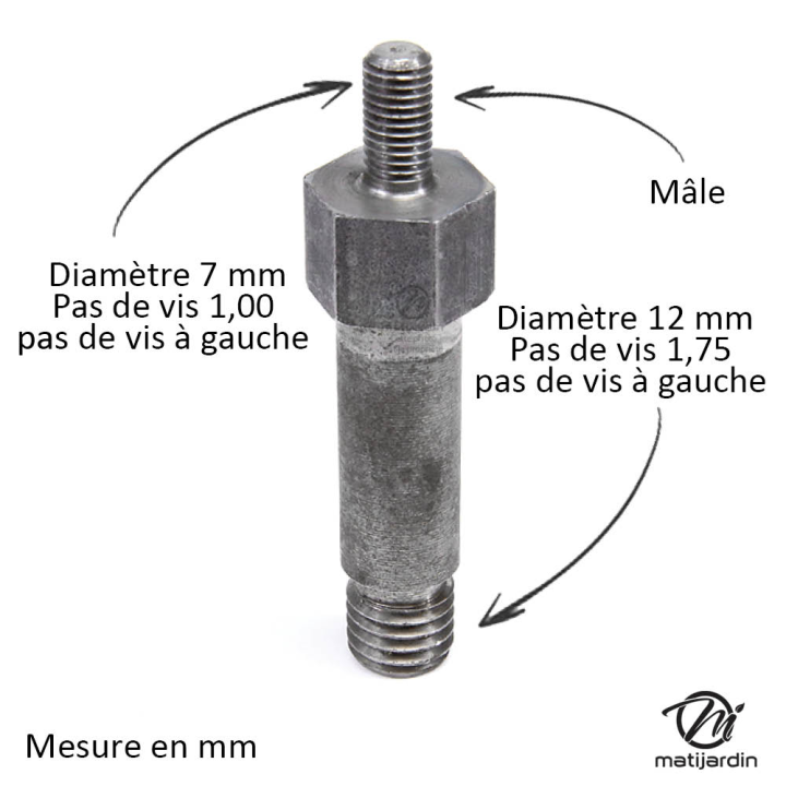 Adaptateur pour tête débroussailleuse. Mâle. Ø 7x1,00. Pas à gauche