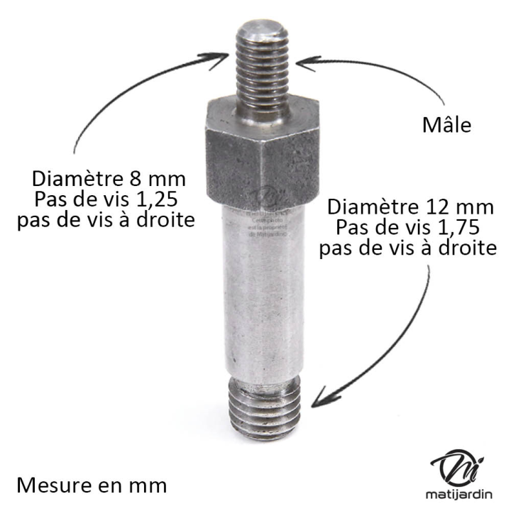 Adaptateur pour tête débroussailleuse. Mâle. Ø 8x1,25. Pas à droite