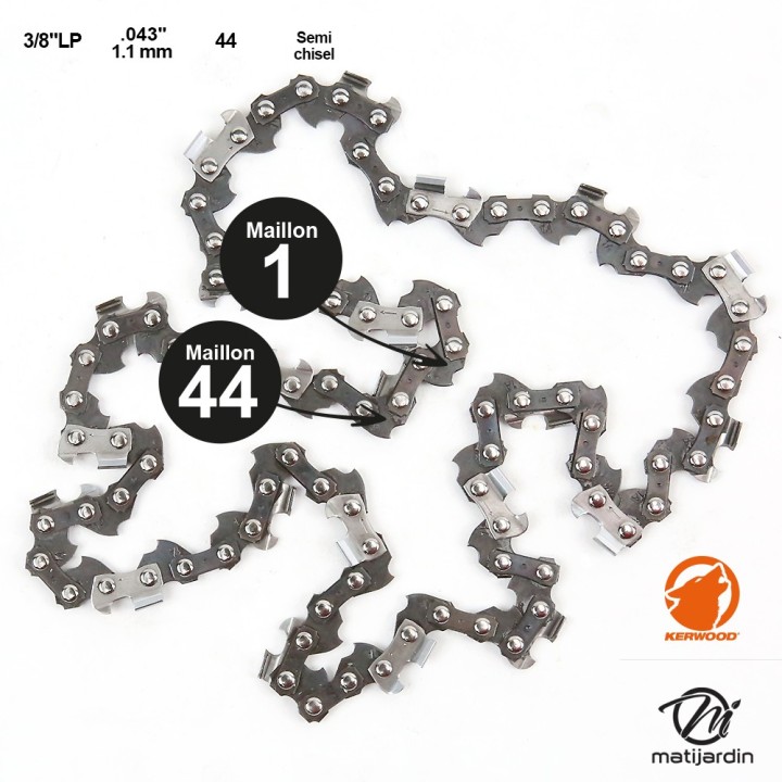 Chaîne Kerwood pour tronçonneuse 3/8" 1,1 mm. 44 maillons. Gouge profil demi carré