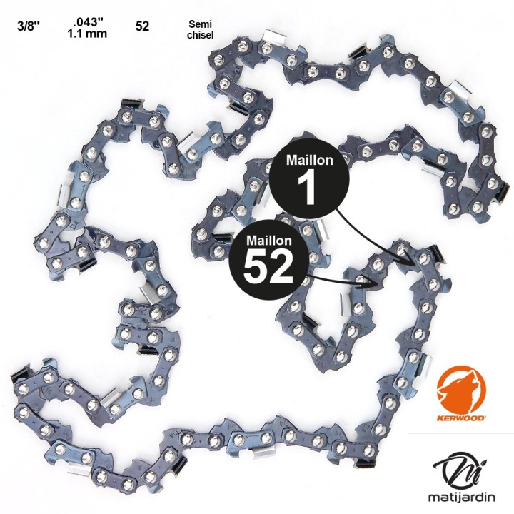 Chaine Kerwood pour DOLMAR ES37 3/8"LP 1,1 mm 52 maillons