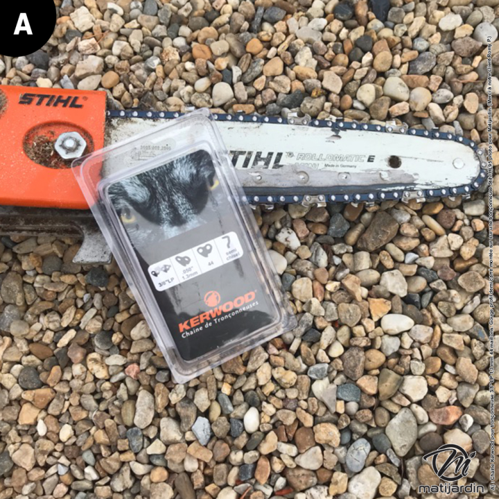 Chaîne Kerwood pour tronçonneuse 3/8" LP 1,3 mm. 44 maillons. Gouge demi carrée