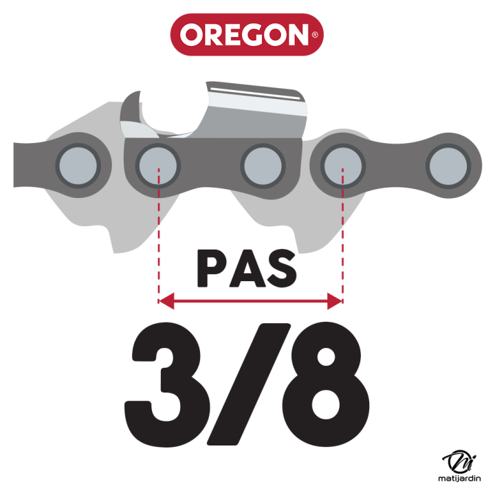 Chaîne Oregon pour tronçonneuse 3/8" 1,1 mm. 50 maillons. Gouge profil demi rond