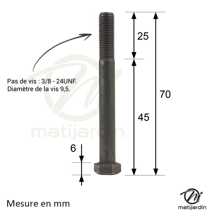 Vis lame Ø 9,5 mm Longueur 64 mm Pas à droite.