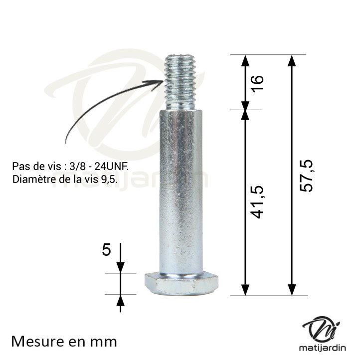 Axe de roue tondeuse. Diamètre 12,7 mm. Longueur 37 mm