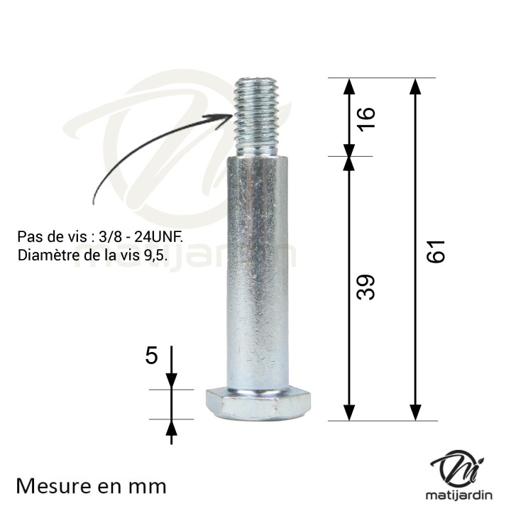 Axe de roue tondeuse. Diamètre 12,7 mm. Longueur 39 mm