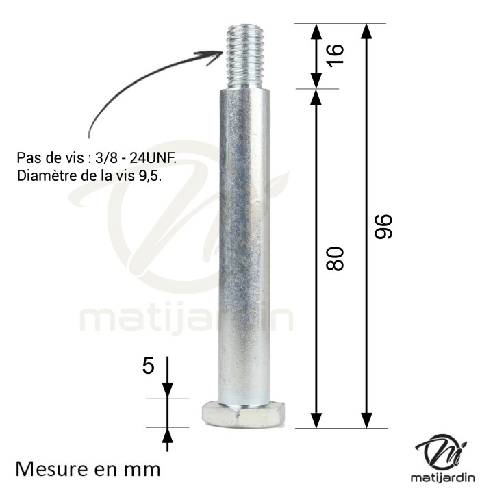 Axe de roue tondeuse. Diamètre 12,7. Longueur 76,2 mm