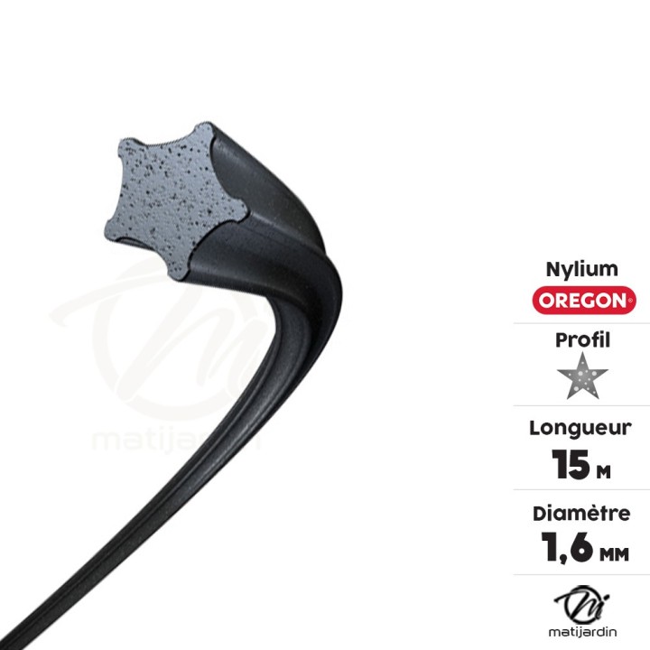 Fil nylon Oregon Nylium 1,6 mm x 15 m. Etoilé. Blister. Fil débroussailleuse