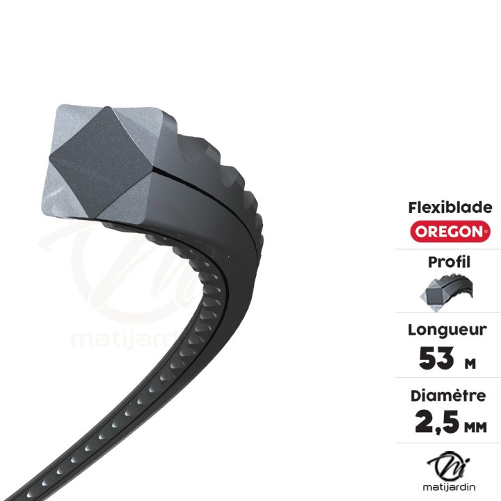 Fil Oregon FlexiBlade 2,5 mm x 53 m. Carré. Cranté. Blister. Fil débroussailleuse