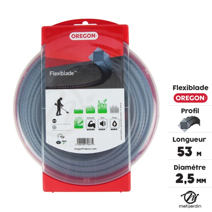 Fil Oregon FlexiBlade 2,5 mm x 53 m. Carré. Cranté. Blister. Fil débroussailleuse