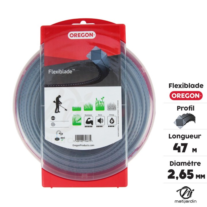 Fil Oregon FlexiBlade 2,65 mm x 47 m. Carré. Cranté. Blister. Fil débroussailleuse