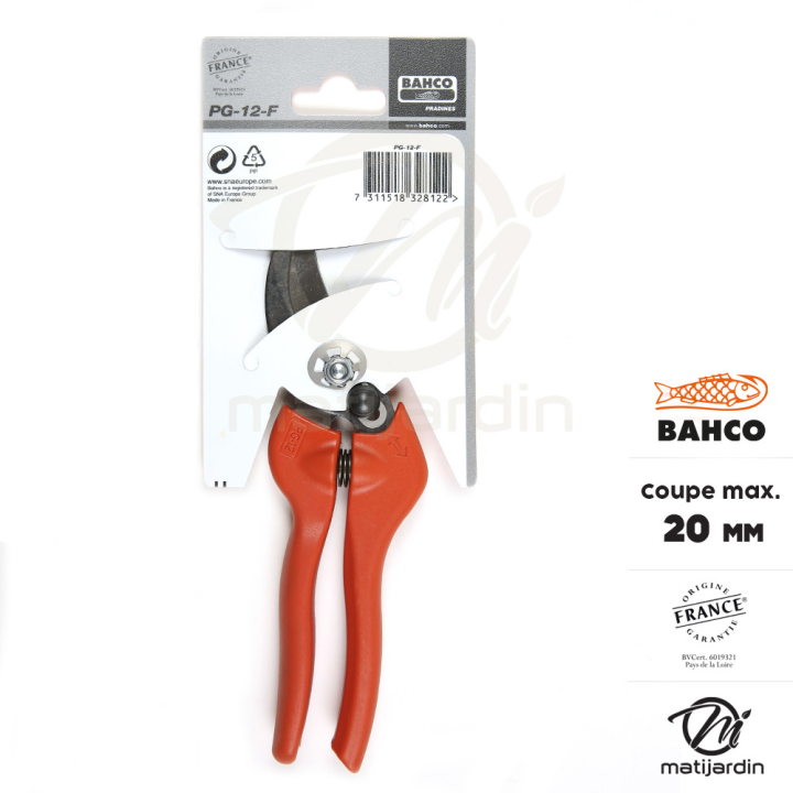 Sécateur Bahco Pradines PG-12-F à lames acier trempé . 20 mm. Made in France