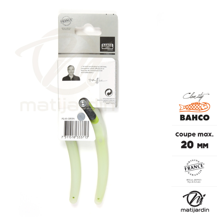 Sécateur Clarity Bahco Pradines PG-05-Green acier trempé. 20 mm. Confort. Made in France