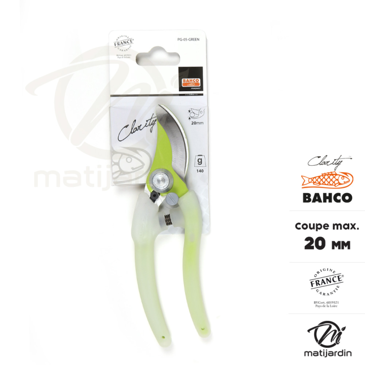 Sécateur Clarity Bahco Pradines PG-05-Green acier trempé. 20 mm. Confort. Made in France