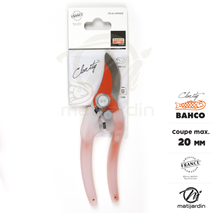 Sécateur Clarity Bahco Pradines PG-05-Orange acier trempé. 20 mm. Confort. Made in France