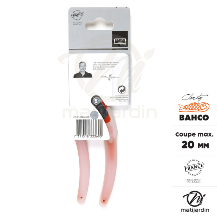Sécateur Clarity Bahco Pradines PG-05-Orange acier trempé. 20 mm. Confort. Made in France
