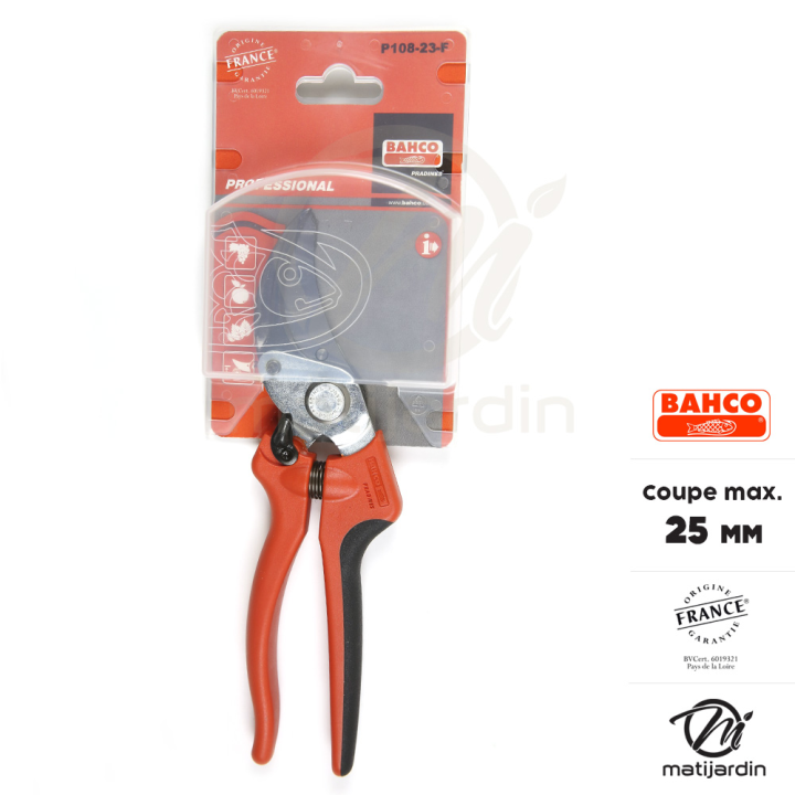 Sécateur Bahco Pradines P108-23-F à lames acier trempé. 25 mm. Bi-matière. Professionnel. Made in France