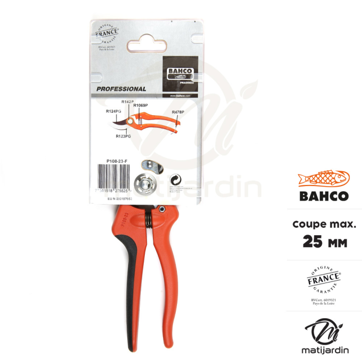 Sécateur Bahco Pradines P108-23-F à lames acier trempé. 25 mm. Bi-matière. Professionnel. Made in France