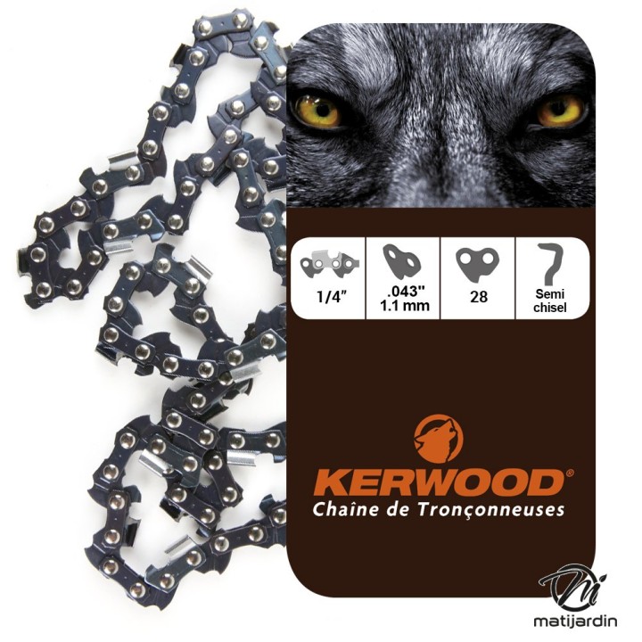 Chaîne Kerwood pour tronçonneuse 1/4" 1,1 mm 28 maillons. Gouge profil demi carré