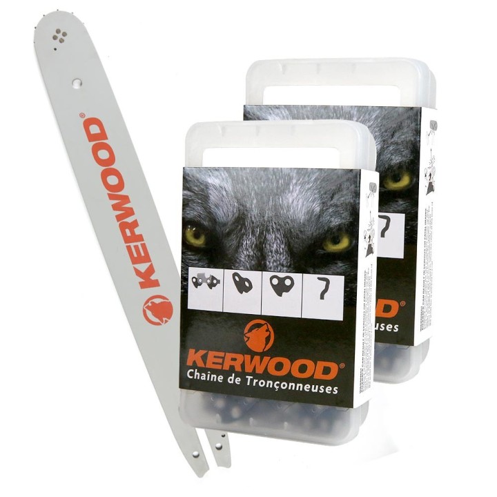 Kit tronçonneuse 1 guide + 2 chaînes Kerwood. 63,50 cm, 3/8”. 1,6 mm. 25A4KLWE. 84 maillons