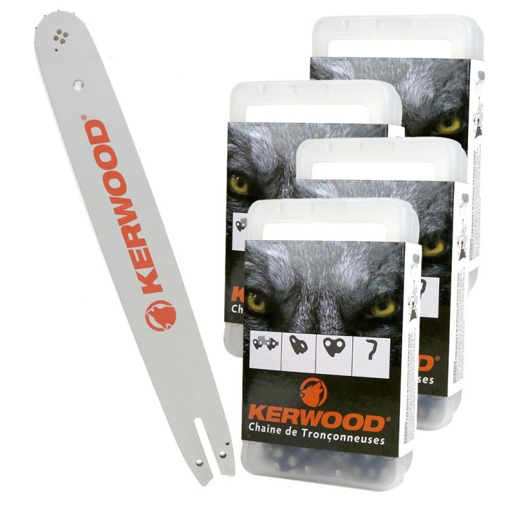 Kit tronçonneuse 1 guide + 4 chaînes Kerwood. 40 cm. 3/8”LP. 1,3 mm. 16B2KCWD. 55 maillons