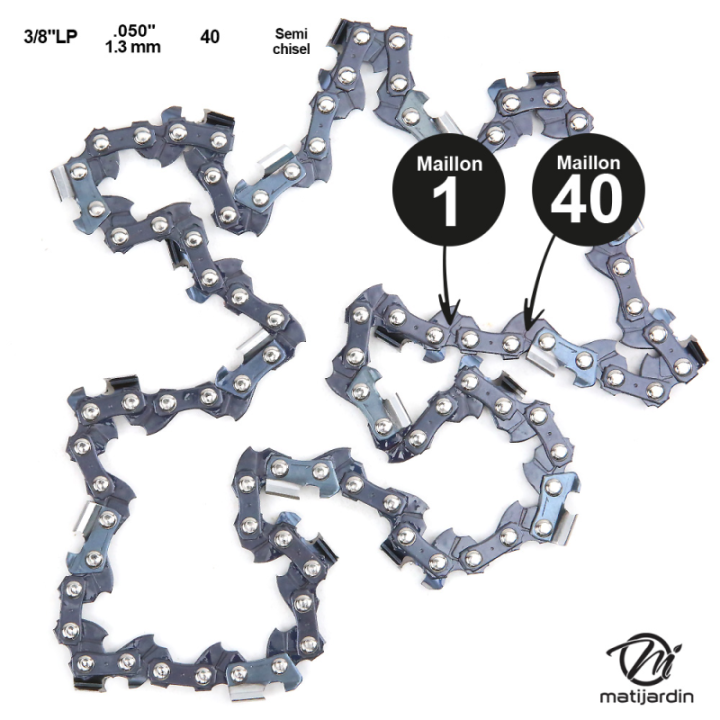 Chaîne Kerwood pour tronçonneuse 3/8" LP 1,3 mm 40 maillons. Gouge demi carrée