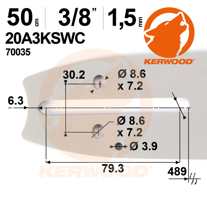 Guide tronçonneuse Kerwood 50 cm 3/8" 1,5 mm. 72 maillons. 20A3KSWC