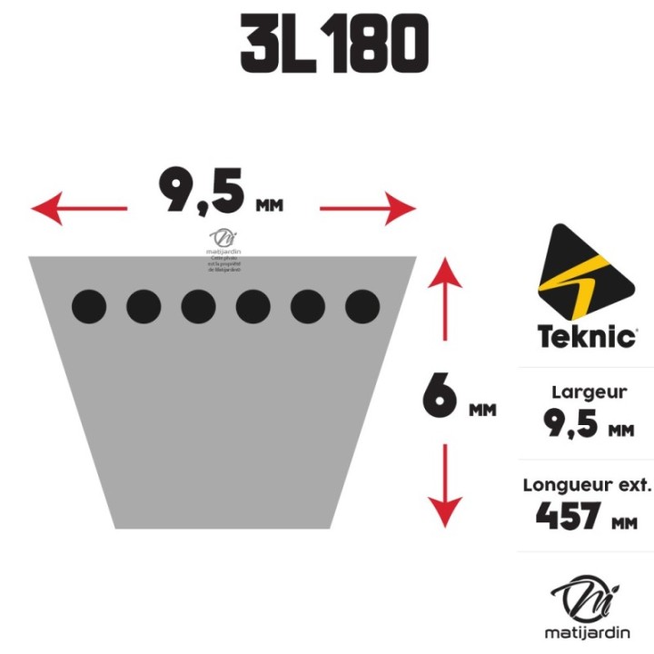 Courroie tondeuse 3L180 Teknic Kevlar Trapézoïdale - 9,5 mm x 457 mm