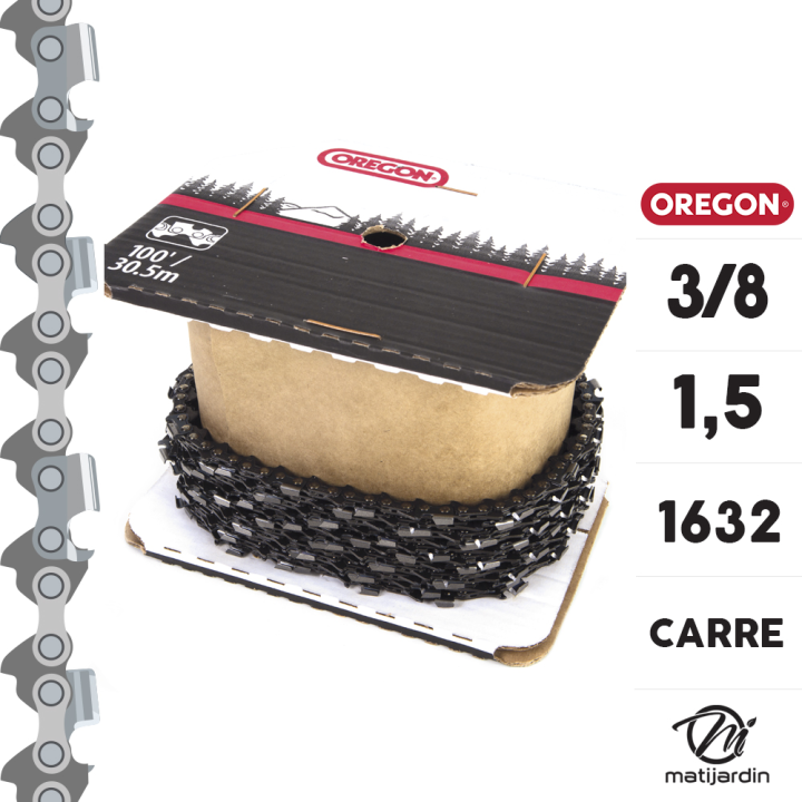 Chaîne Oregon pour tronçonneuse 3/8" 1,3 mm. Rouleau 100 pieds. Gouge profil carré. Super 70