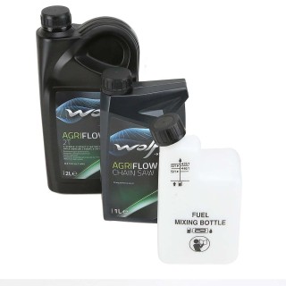 Kit entretien tronçonneuse. Huile moteur + huile chaîne + bidon doseur