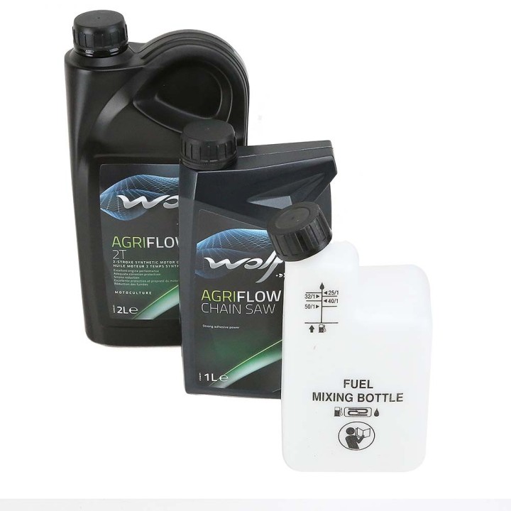 Kit entretien tronçonneuse. Huile moteur + huile chaîne + bidon doseur
