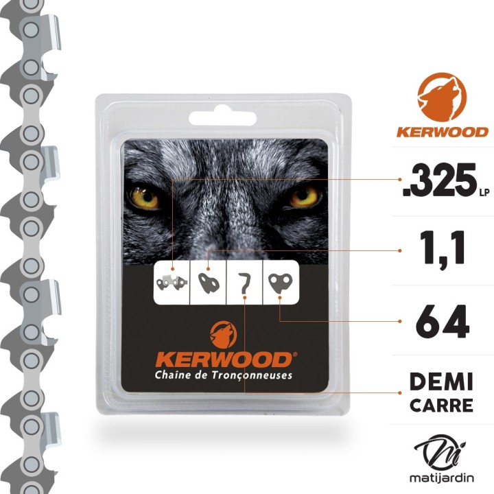 Chaîne Kerwood pour tronçonneuse .325"LP 1,1 mm 64 maillons Gouge profil demi carré